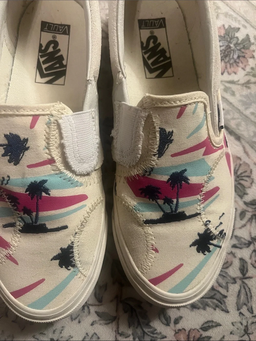 Vans Kids Slip-On Sneakers in Cream with Pink & Teal Palm Print